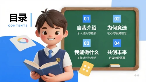蓝色清新3D风大学生班长班干部竞选PPT模板