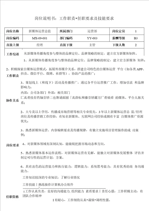 新媒体运营总监岗位说明书工作职责和任职要求