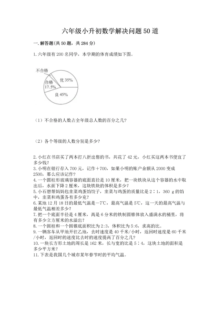 六年级小升初数学解决问题50道（网校专用）word版.docx