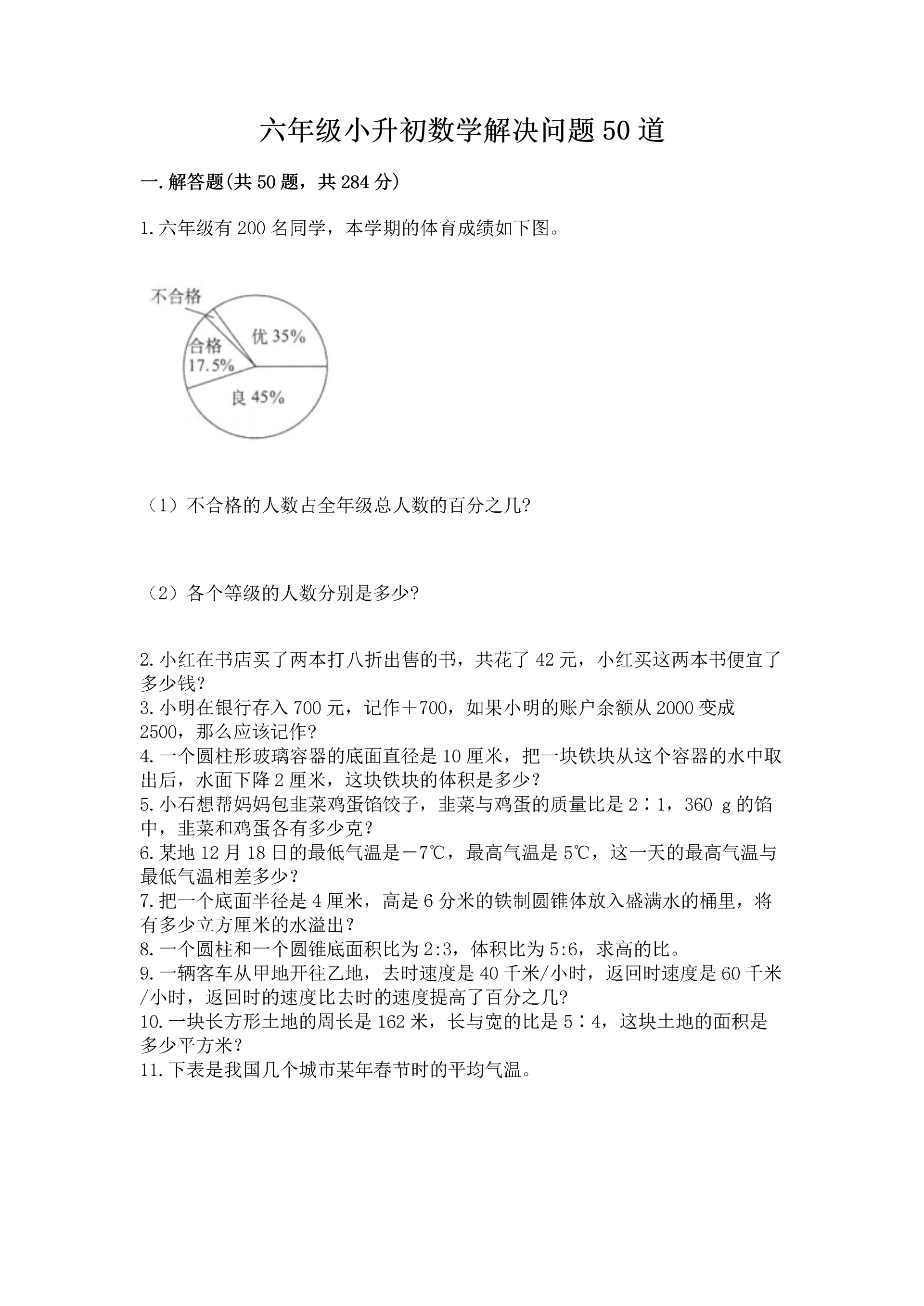 六年级小升初数学解决问题50道(网校专用)word版.docx