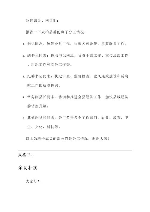 双柏县委班子分工情况汇报