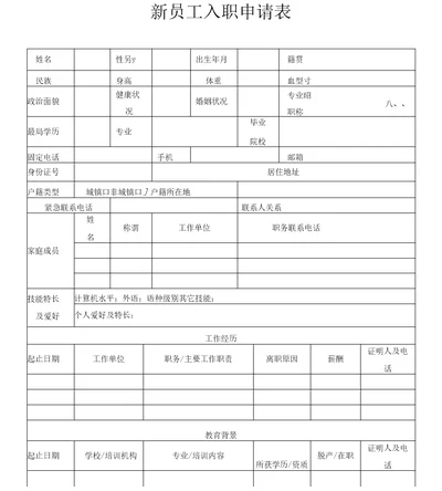 新员工入职申请表word模板