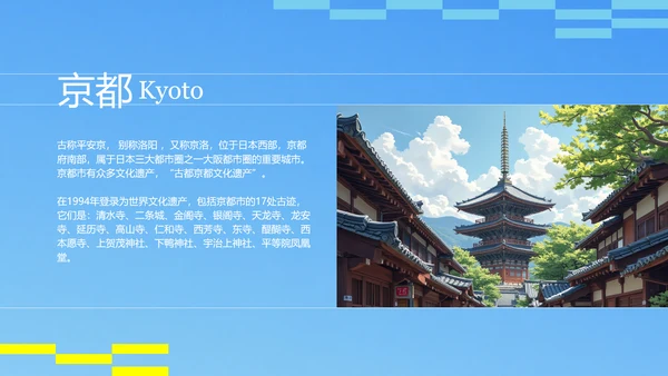 蓝黄色插画日式日本旅游攻略PPT模板
