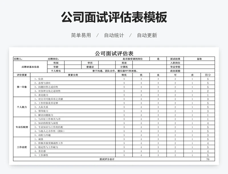 公司面试评估表模板