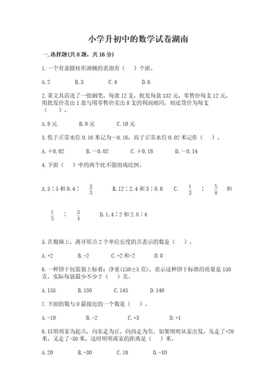 小学升初中的数学试卷湖南历年真题