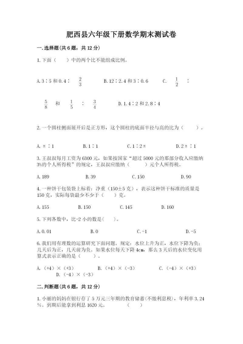 肥西县六年级下册数学期末测试卷（综合题）.docx