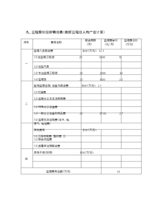 监理费报价表