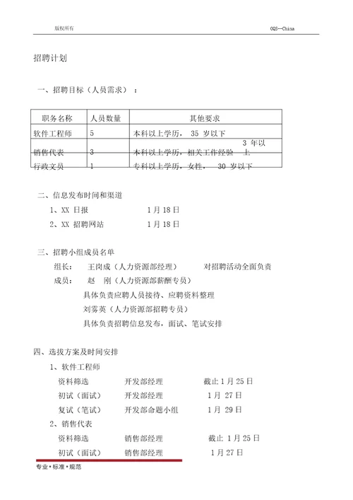 企业管理招聘计划标准范本