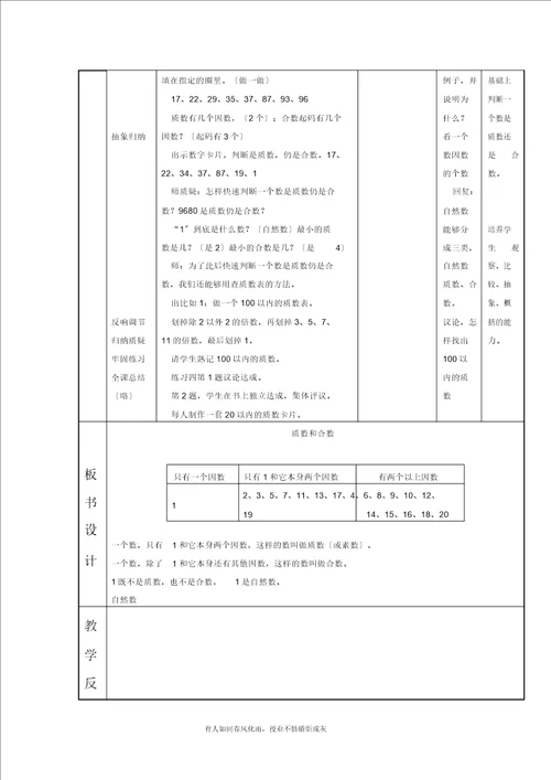 人教新课标五年级数学下册质数和合数教案新部编本设计