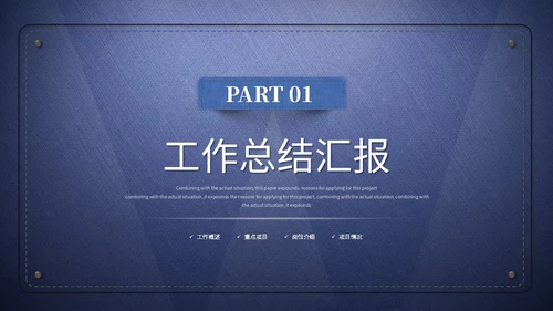 蓝色简约创意牛仔布质感工作总结工作汇报ppt模板