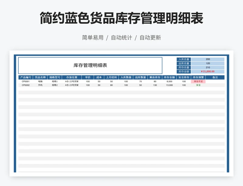 简约蓝色货品库存管理明细表