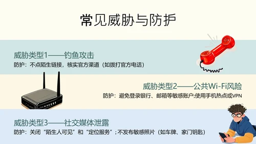 黄蓝色简约卡通插画网络安全指南PPT模板