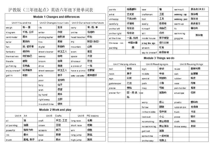 沪教版(三年级起点)英语六年级下册单词表