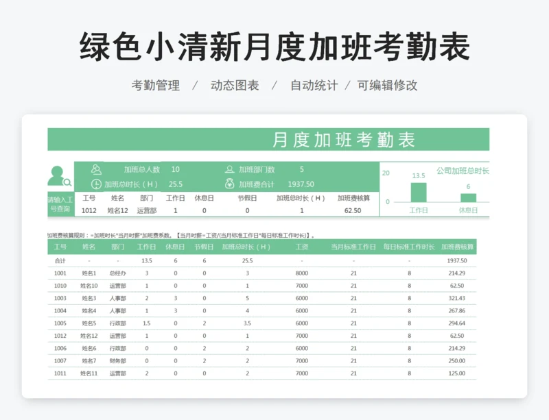 绿色小清新月度加班考勤表