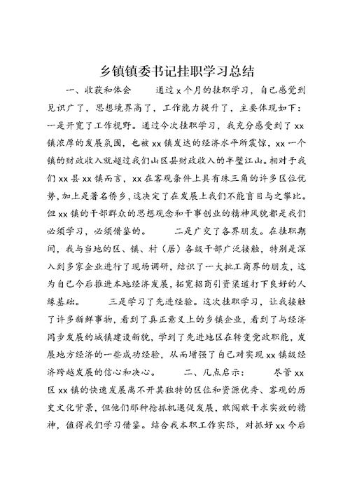 乡镇镇委书记挂职学习总结 (3)