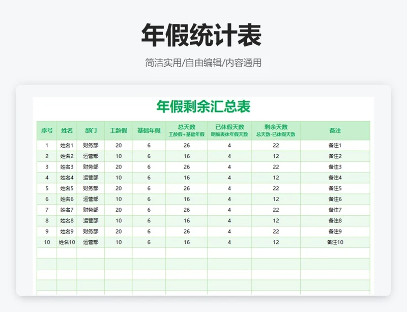 简约绿色年假统计表（汇总加明细表）