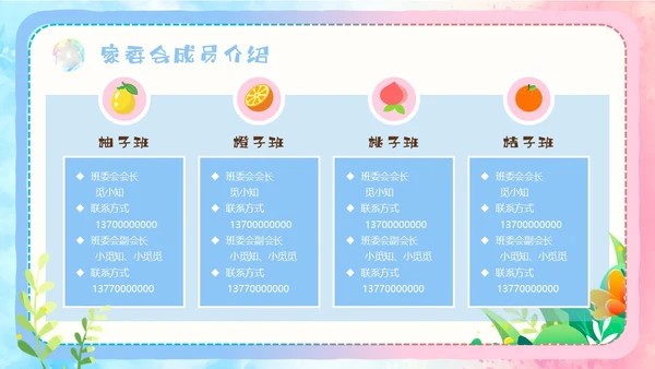 粉色蓝色手绘风可爱童趣卡通家长委员会学生会议流程PPT模板家委会