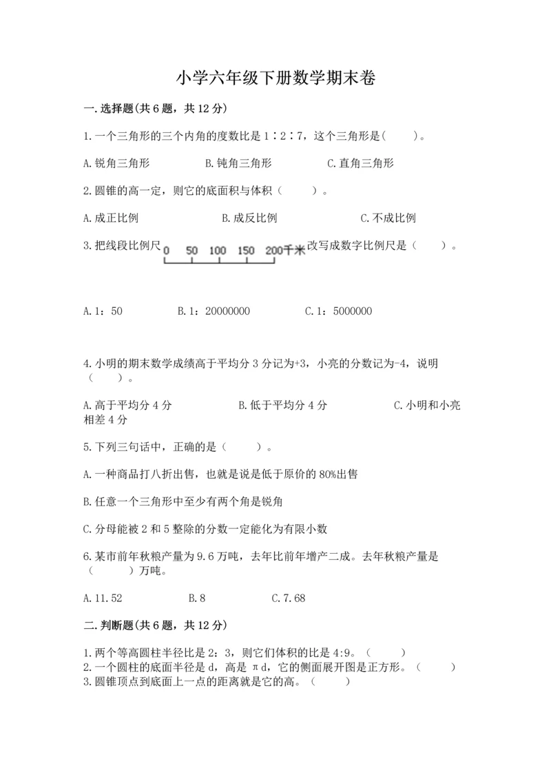 小学六年级下册数学期末卷带答案（培优a卷）.docx