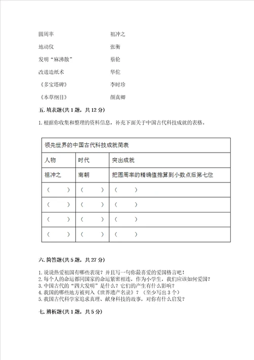 五年级上册道德与法治第四单元《骄人祖先 灿烂文化》测试卷附完整答案（全国通用）