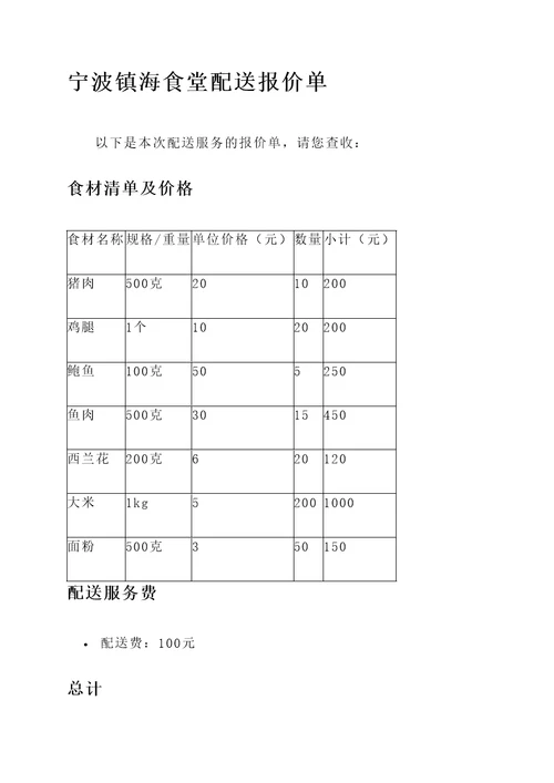 宁波镇海食堂配送报价单