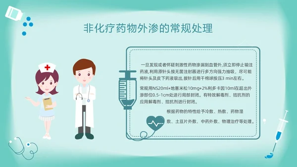 绿色卡通药物外渗的预防与处理PPT模板宣传PPT动态PPT输液外渗的处理方法