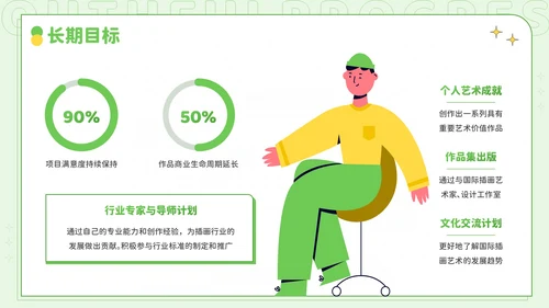 绿色插画风青春奋进职达高峰：插画师个人简历PPT模板