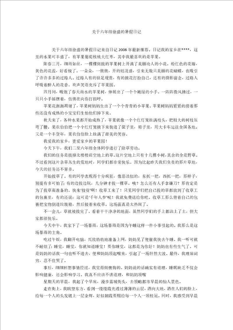 关于六年级徐盛的暑假日记