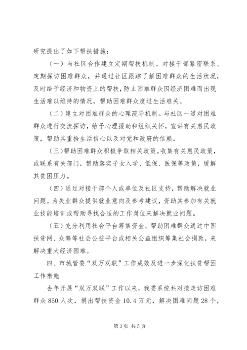 城管委关于双万双联扶贫帮困工作的调研报告.docx