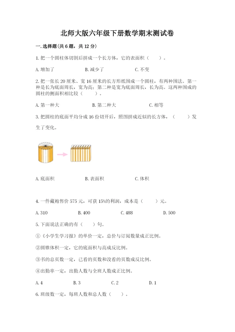 北师大版六年级下册数学期末测试卷精品【考试直接用】.docx