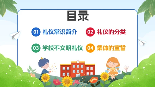 绿色卡通学生文明礼仪校园主题教育PPT模板