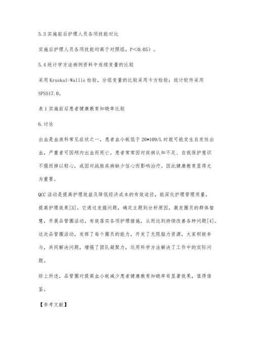 品管圈活动对提高血小板减少患者健康教育知晓率的影响