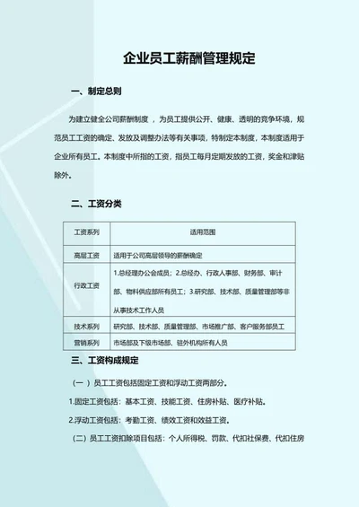 蓝色企业员工薪酬管理规定word模板