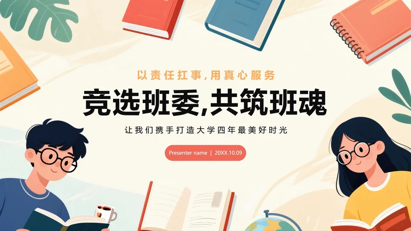 扁平手绘卡通插画风新学期大学生班干部竞选PPT模板