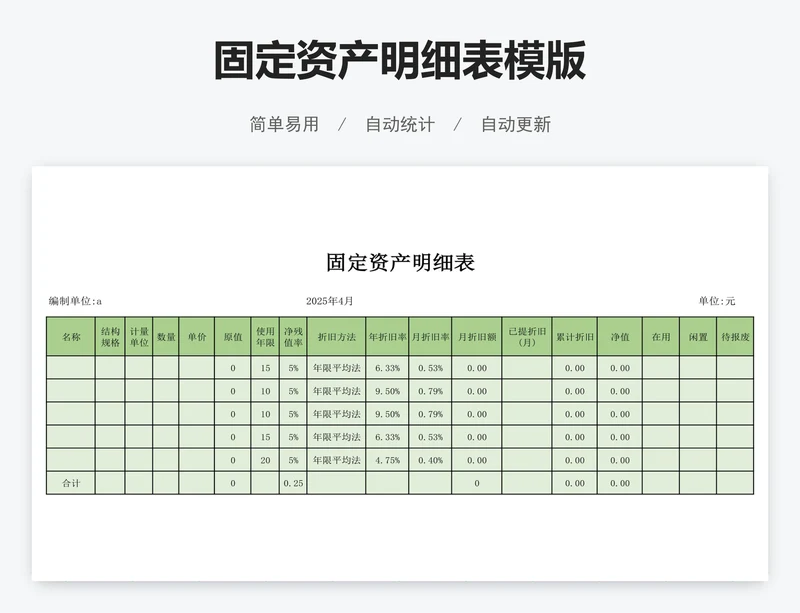 固定资产明细表模版
