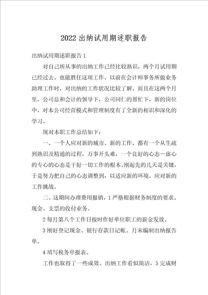2022出纳试用期述职报告