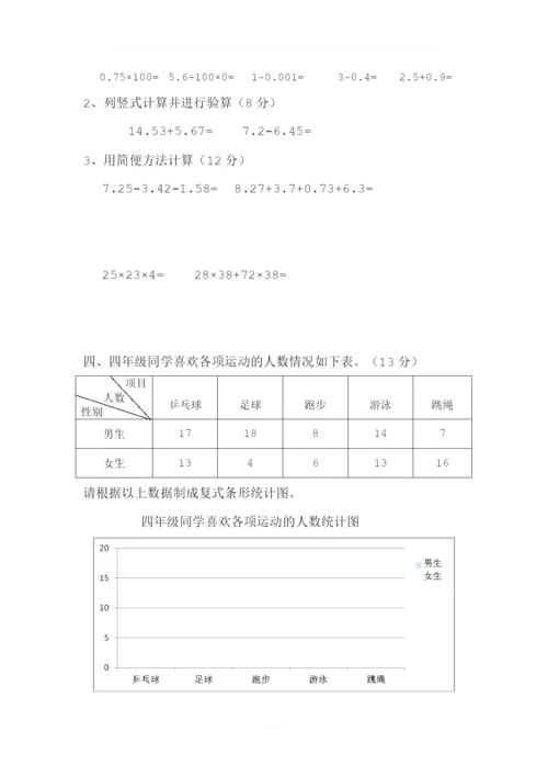 2018人教版小学四年级下册数学期末测试题.docx