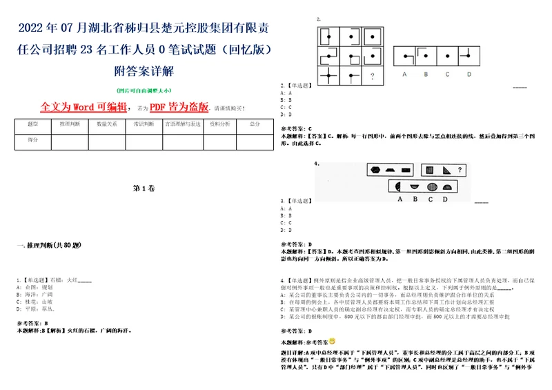 2022年07月湖北省秭归县楚元控股集团有限责任公司招聘23名工作人员0笔试试题回忆版附答案详解