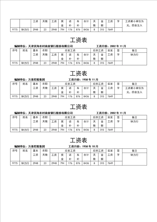 工资表样本标准版精选