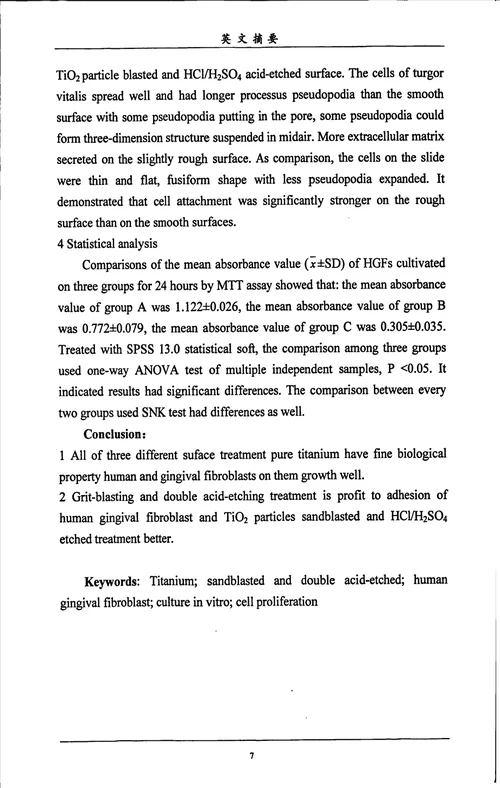 纯钛表面不同处理对人牙龈成纤维细胞增殖的影响口腔临床医学专业毕业论文