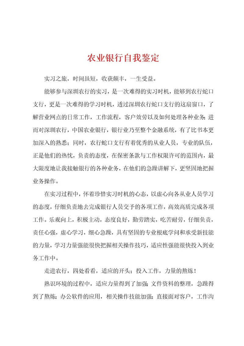 农业银行自我鉴定