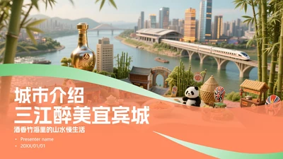 红绿色简约三维宜宾特色城市旅游攻略PPT模板