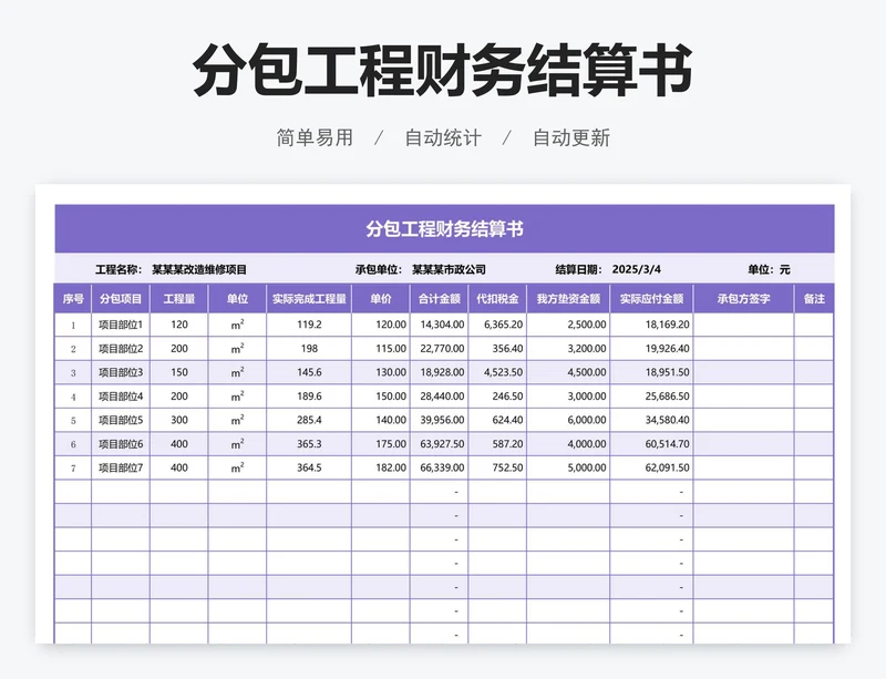 分包工程财务结算书