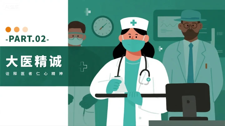 绿色简约卡通插画风医护人员中国医师节PPT模板