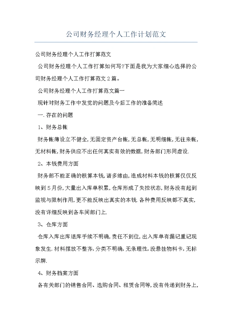 公司财务经理个人工作计划范文