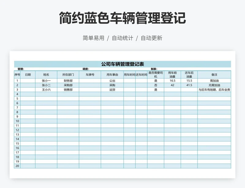 简约蓝色车辆管理登记