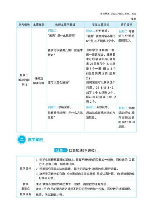第四单元 100以内的口算加、减法（大单元教学设计）-2024-2025学年一年级下册数学人教版（2