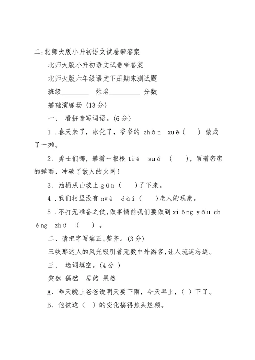 北师大版小升初语文试卷及答案