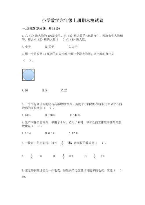 小学数学六年级上册期末测试卷含答案完整版