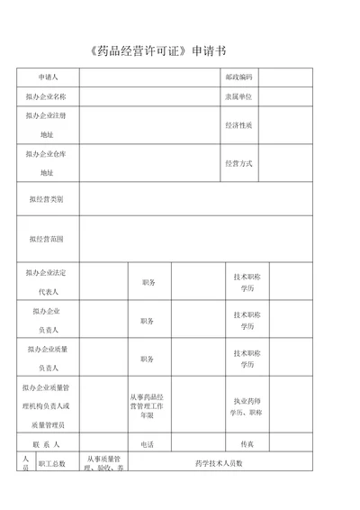 药品经营许可证申请书