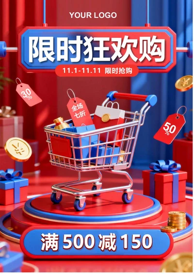 红蓝3D电商风双十一营销活动海报